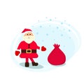 Santa Claus with a bag of gifts, New Year`s holiday character in a red suit with a white beard and a bag. Vector illustration in f